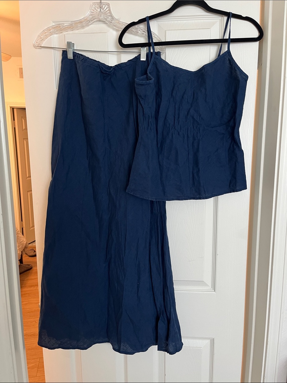 Bryn Walker navy blue linen maxi skirt and cami set